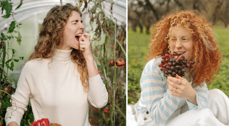 fete care mananca rosii si struguri